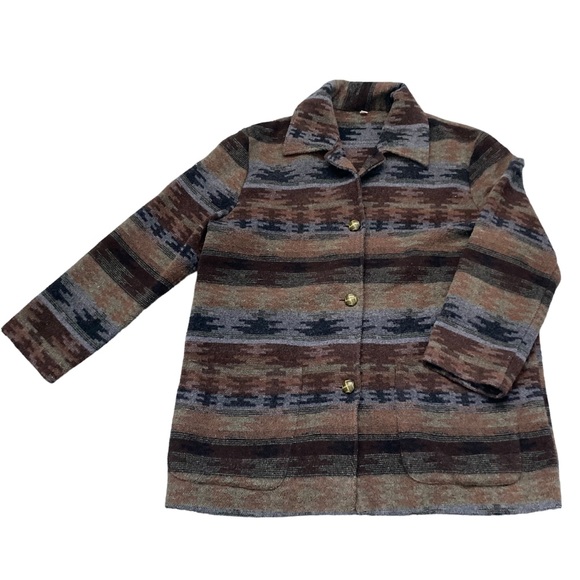 Vintage Jackets & Blazers - Wool blend Aztec tribal print neutral tone shacket coat